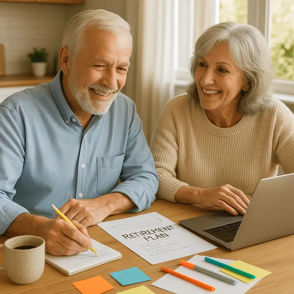 A smiling senior couple planning retirement at a kitchen table with a laptop, coffee, and notes.