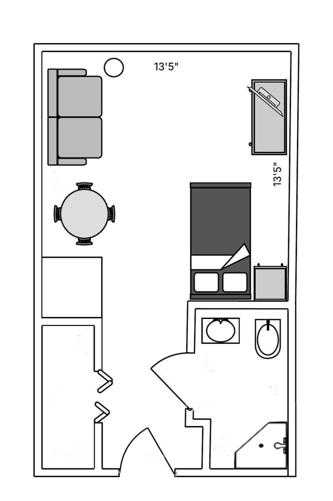 Studio Deluxe Floorplan 293 sq ft for The Landings at Covenant Woods, Columbus, GA Assisted Living and Memory Care